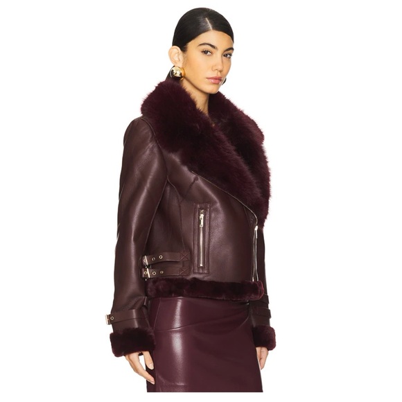 NWT! Dion Faux Fur Moto Jacket in Malbec - Picture 3 of 5